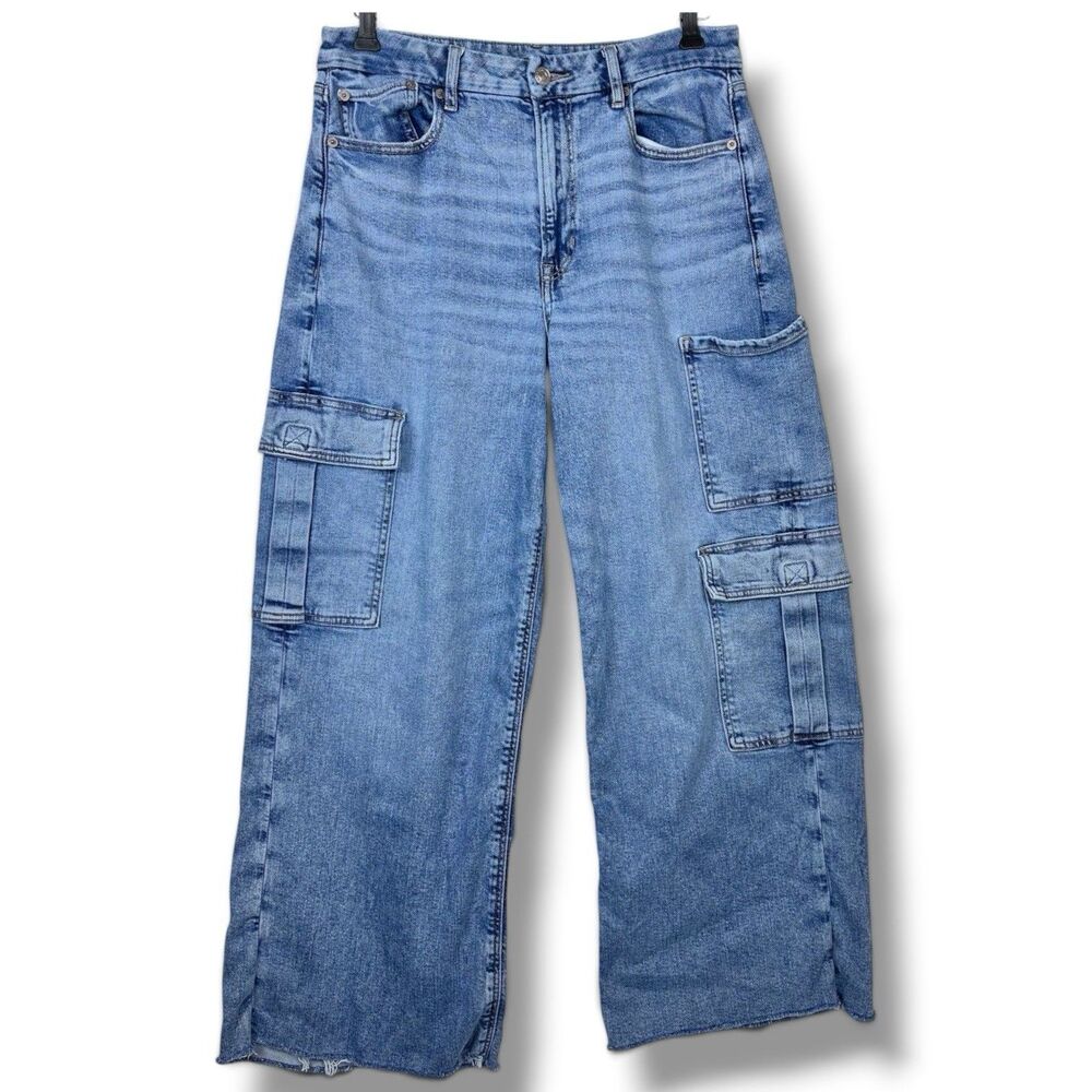 American Eagle Jeans 31x27.5 Raw Hem Super High Rise Baggy Wide Leg Cargo -Sz 12